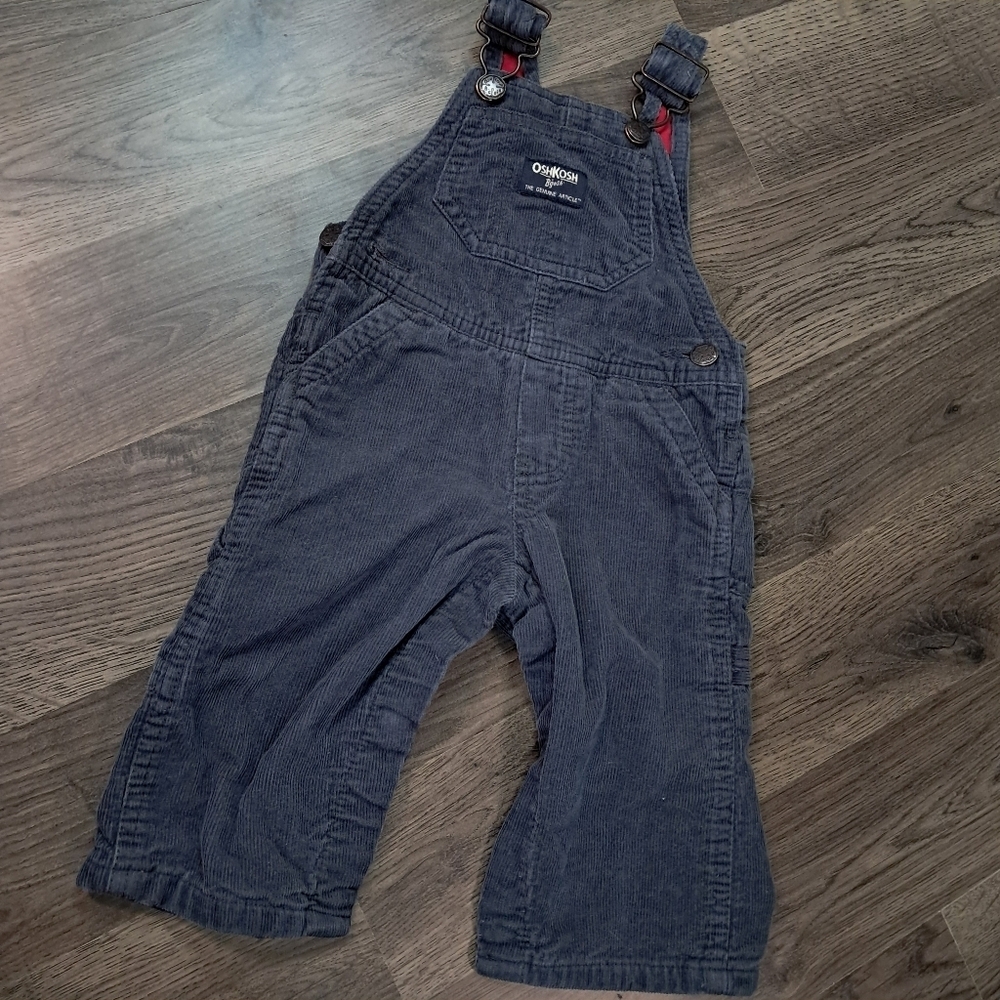 OshKosh B'Gosh Corduroy Conductor Overall Blue Grey Red Lining Size 6 Month